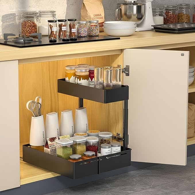 Under Sink Organiser,2 Tier Pull Out Cabinet Organiser,Height Adjustable Out Cabinet Drawer,Multi-Purpose Slide Out Storage Shelves for Home,Kitchen,Bathroom (White) (Black)