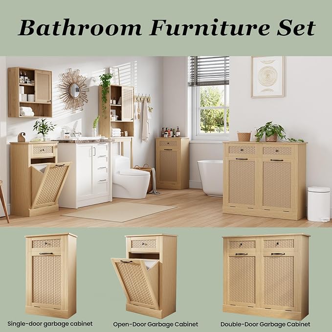 Tilt Out Laundry Hamper Cabinet,10 Gallon Laundry Cabinet with Drawers ＆ Hidden Baskets, Farmhouse Storage Basket for Laundry Room, Bathroom, Kitchen, Wood