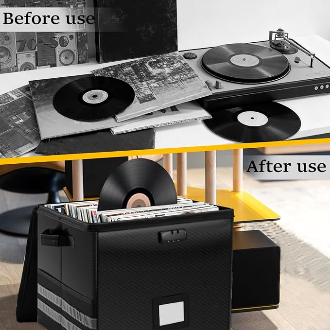 1/4 Pcs Vinyl Record Storage Box with Lid and Handles, Oxford Cloth Record Album Storage Crate, Foldable and Stackable Record Organizer Storage Case for Collecting Valuable Album (1/with Lock)