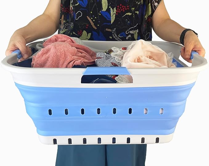 SAMMART 42L (11 gallon) Collapsible Plastic Laundry Basket - Foldable Pop Up Storage Container/Organizer - Space Saving Hamper/Basket (Grey/Little Boy Blue)