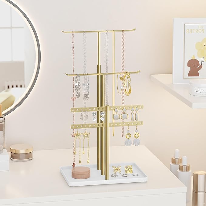 Jewelry Holder Organizer Stand - Adjustable Jewelry Tree 17.5" Height (Max), Jewlery Hanger for Necklaces, Bracelets, Earrings, Aesthetic for Storage and Display, Metal, Gold and White