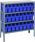 Quantum 1239-SB801BL Heavy Duty Shelving Unit with (4) Shelves and (24) QSB801 Blue Bins for Warehouse Storage Distribution | 400 lbs Capacity per Shelf | 12"D x 36"L x 39"H, Galvanized Steel Finish