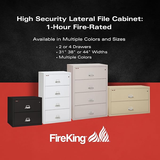 FireKing Fireproof Lateral File Cabinet (2 Drawers, Impact Resistant, Water Resistant), 27.75" H x 31.19" W x 22.13" D, Black