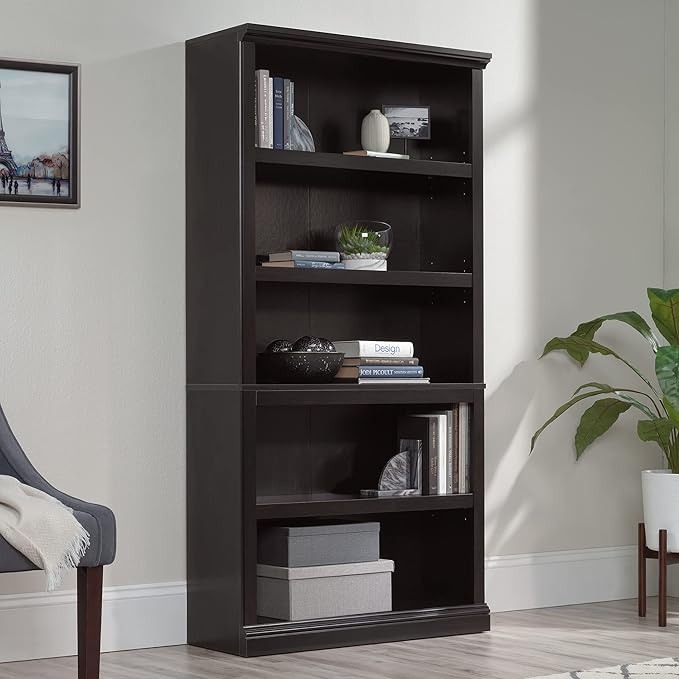 Sauder 5 Tier Book Shelf Wooden Bookcase Multipurpose Bookshelf for Home Office, Living Room, in Estate Black finish