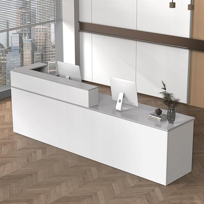 L Shape Reception Desk with Counter, Lockable Drawer, Keyboard Tray, and Double-Layer Storage for Salon, Office, or Clinic (White+Gray/Right, 71" L*24" W*39" H)