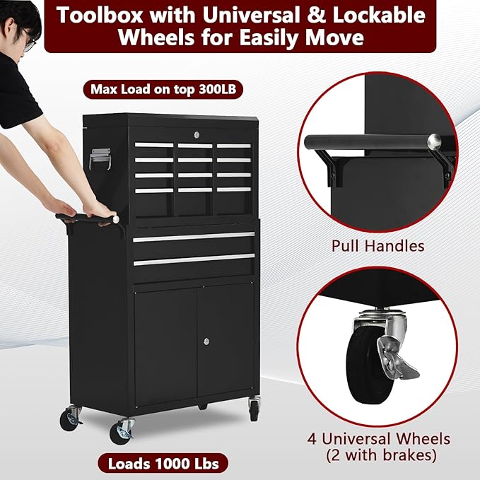 8-Drawer Rolling Tool Chest, 2-in-1 High Capacity Removable Cabinet Storage Tool Box with Wheels and Drawers, Detachable Toolbox with Lock for Workshop Mechanics Garage (Black)