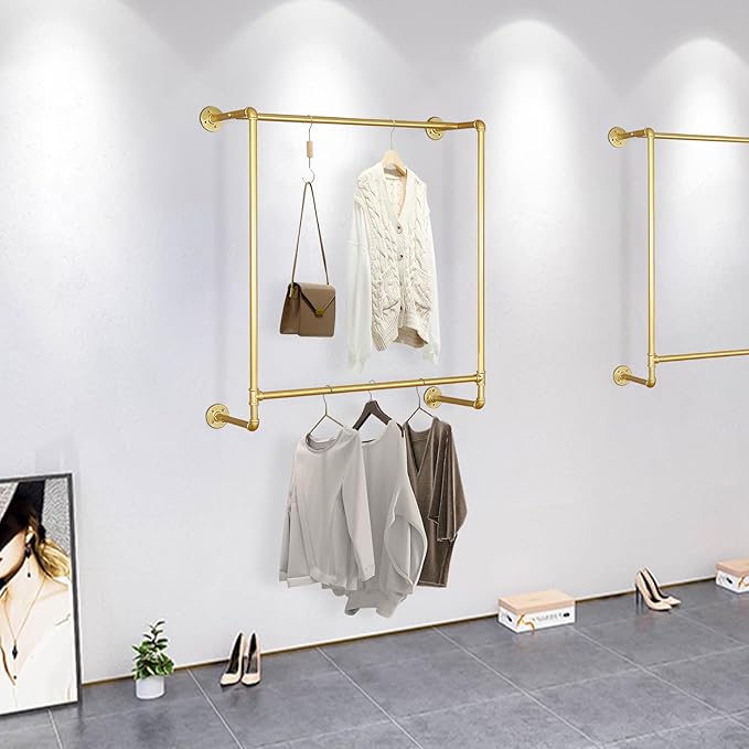 Gold Wall Mounted Clothes Rack, Industrial Pipe Garment Rack Hanging Rod Bar for Closet Storage,Laundry Room Up to Max Load 110lbs