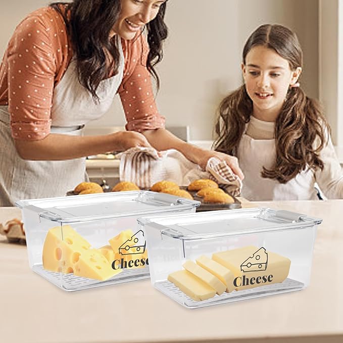 Cheese Container Airtight with Draining Basket Cream Cheese Sliced Cheeses Box with Lid Saver for Fridge Cheeses Keeper Cream Block Shredded Storage Box Saver (Clear - 2 Pack)