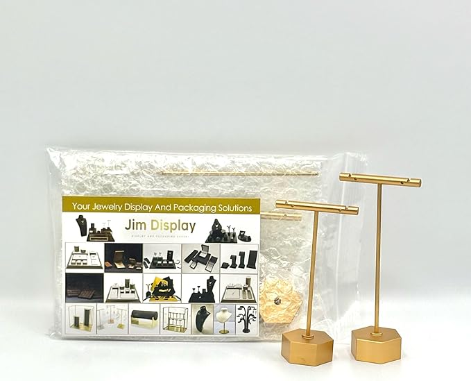 Metal Earring Stand Display Hexagon Base Earring T Bar Display Necklace Bracelet Ring Ear Studs Jewelry Display Rack for Vendors Photography and Showcase, Gold 2pcs Height 5.31" and 4.52"
