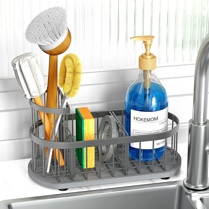 Kitchen Sink Organizer with Sponge Holder & Brush Holder - Drain-Free Non-Slip Base, 2.6mm Stainless Steel with Grey Rust-Resistant Coating - Easy Install & Clean Kitchen Sink Caddy