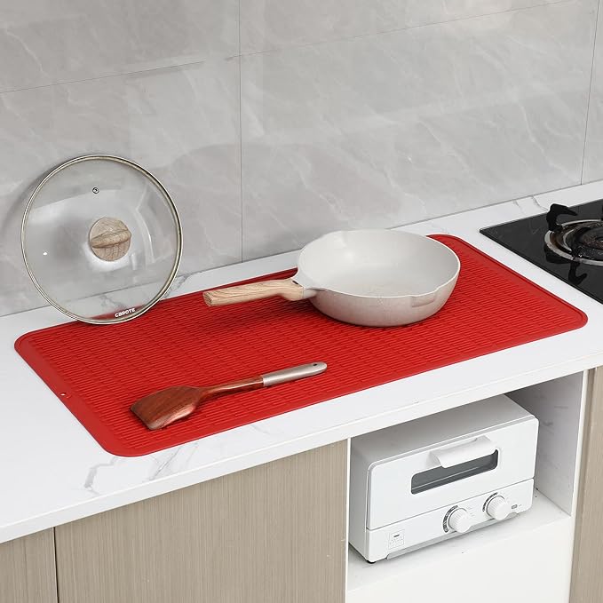 Silicone Dish Drying Mat for Multiple Usage,Easy clean,Eco-friendly,Heat-resistant Silicone Mat for Kitchen Counter or Sink,Refrigerator or Drawer Liner Red 5XL 36inches x 18inches