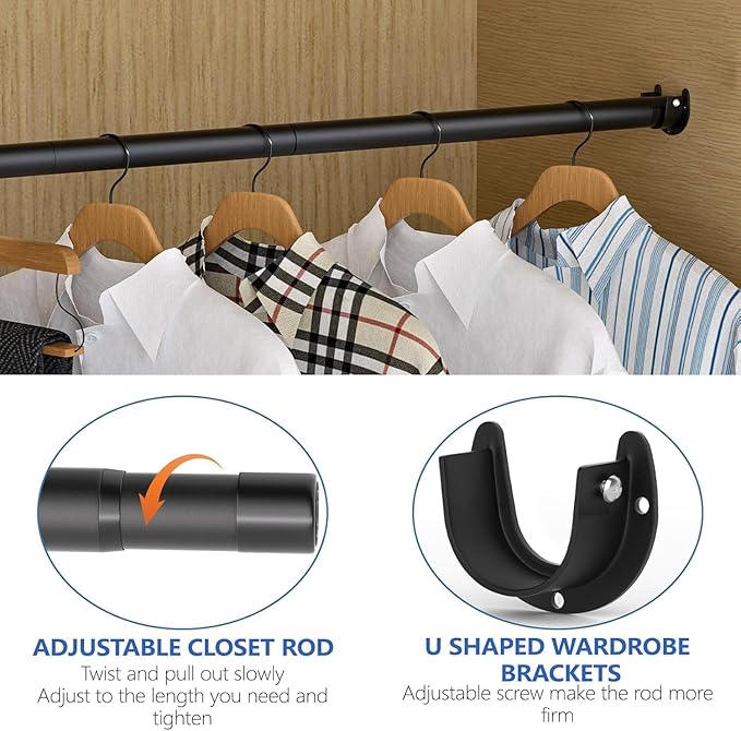 Closet Rod, 17 to 97 Inch Closet Rods for Hanging Clothes, Heavy Duty Adjustable Clothes Hanging Bar Rod Matte Black Closet Poles for Wardrobes, Closet, Bathroom, Windows, 1.3 Inch Diameter