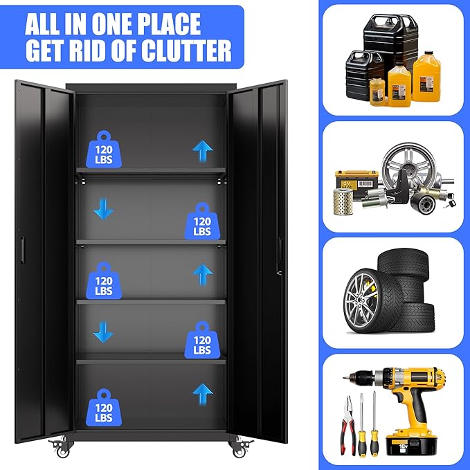 73" H Metal Garage Storage Cabinet with Wheels,Rolling Tool Storage Cabinet with 2 Doors and 4 Adjustable Shelves for Garage,Home,Office,Warehouse,Workshop, Required-Assembly,Black