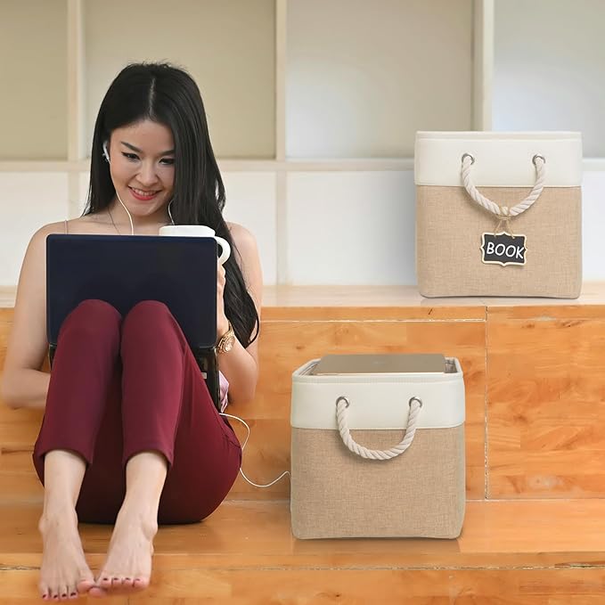 11x11 cube storage bins[6 Pack],Cube Storage Organizer Bins with Rope Handles, Eco-Friendly Linen Collapsible Organizers for Closet, Nursery, Toys, Office, Bathroom – Dual Color Design.(White&Khaki)