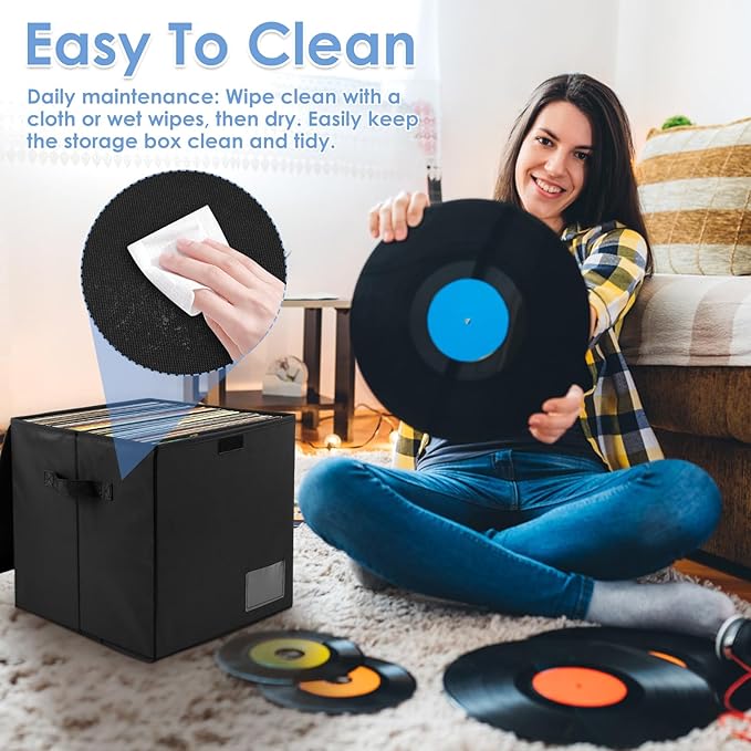1/4 Pcs Vinyl Record Storage Box with Lid and Handles, Oxford Cloth Record Album Storage Crate, Foldable and Stackable Record Organizer Storage Case for Collecting Valuable Album (4/no lock)