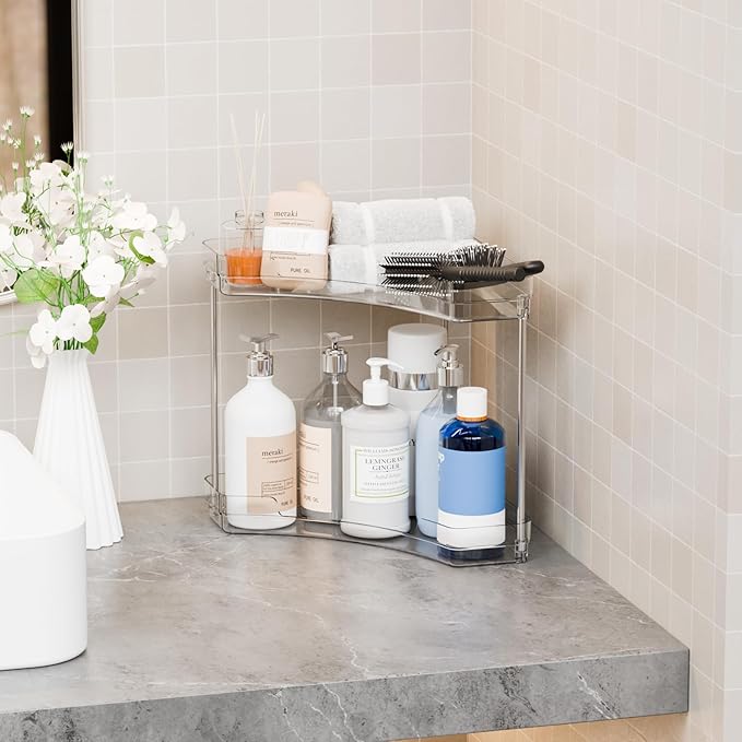 Yieac Clear Bathroom Counter Corner Shelf for Restroom and Vanity,2 Tier Bathroom Counter Organizer and Corner Sink Organizer,Two Tier Small Bathroom Sink Organizers & Stand for Makeup,Beauty Product