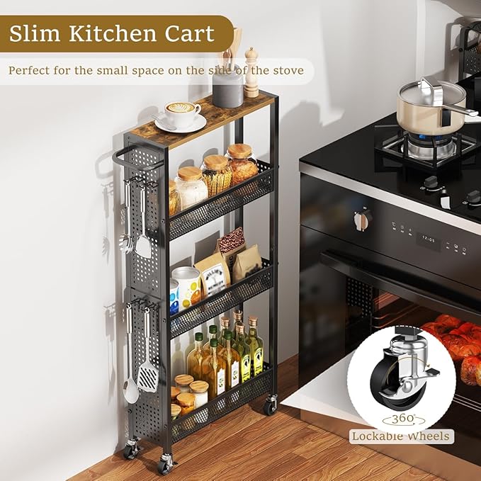 Utility Slim Storage Cart 4 Tier Small Rolling Kitchen Laundry Room Organization Cart with Wood Top Metal Narrow Laundry Room Shelves Cabinet Unit Laundry Organizer Trolley with Handle for Small space