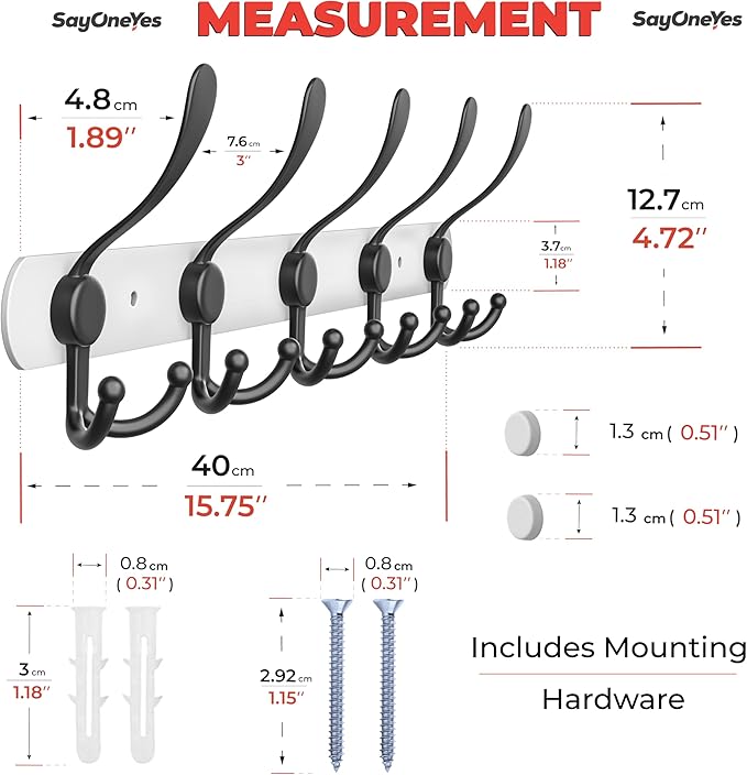 Coat Rack Wall Mount with 5 Tri Hooks, Stainless Steel 16 Inch – White & Black Matte Finish, Heavy Duty Wall Mounted Hook Rack for Coats, Hats, Towels, Scarfs, Robes, Bags, Entryway & Bathroom, 4 Pack