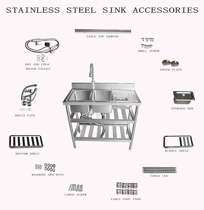 Qian Kun Free Standing 304 Stainless Steel Utility Sink with Pull Down Sprayer & Drain Pipe | NSF Certified Outdoor/Commercial Kitchen Sink (47.2 Doble Bowl Right)