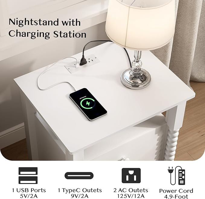 White Nightstand, Vintage Night Stand with Charging Station, Modern Bedside Table with Drawers, End Table with Solid Wood Legs, Bed Side Tables for Bedroom, White