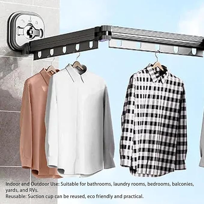 Retractable Clothes Drying Rack, 92cm/36.2in Wall Mount Laundry Hanger Windproof No Drill Clothes Storage Organizer with Suction Cup for Laundry