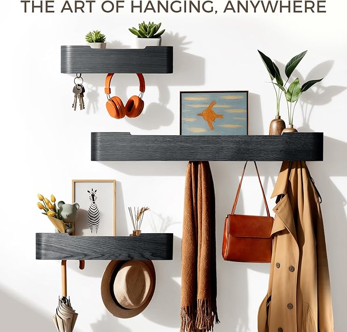 Wall Coat Rack Floating Shelves Modern Coat Rack Wall Mount with Storage Entryway Shelf Wooden Hanger 20 Inch 4 Hidden Metal Hooks for Living Room Bedroom (Black, 4 Hooks)