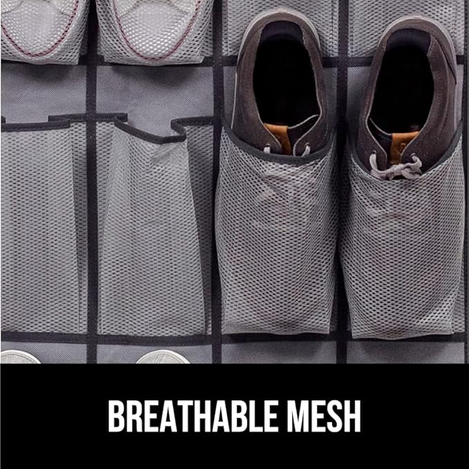GORILLA GRIP Over the Door Shoe Organizer, 12 Large Breathable Mesh Pockets, Space Saving Hanging Storage Holder, 2 Hook Closet Rack Hanger, Hangs on Closets for Shoes, Accessories, 64H x 9.5W Gray