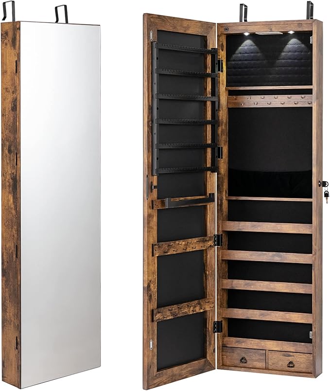 Giantex Wall Door Mounted Jewelry Armoire Cabinet with 47.5" H Full Length Mirror, 2 LEDs Lockable Jewelry Organizer Box with Bracelet Rod, 2 Drawers, Large Storage Capacity (Rustic Brown)