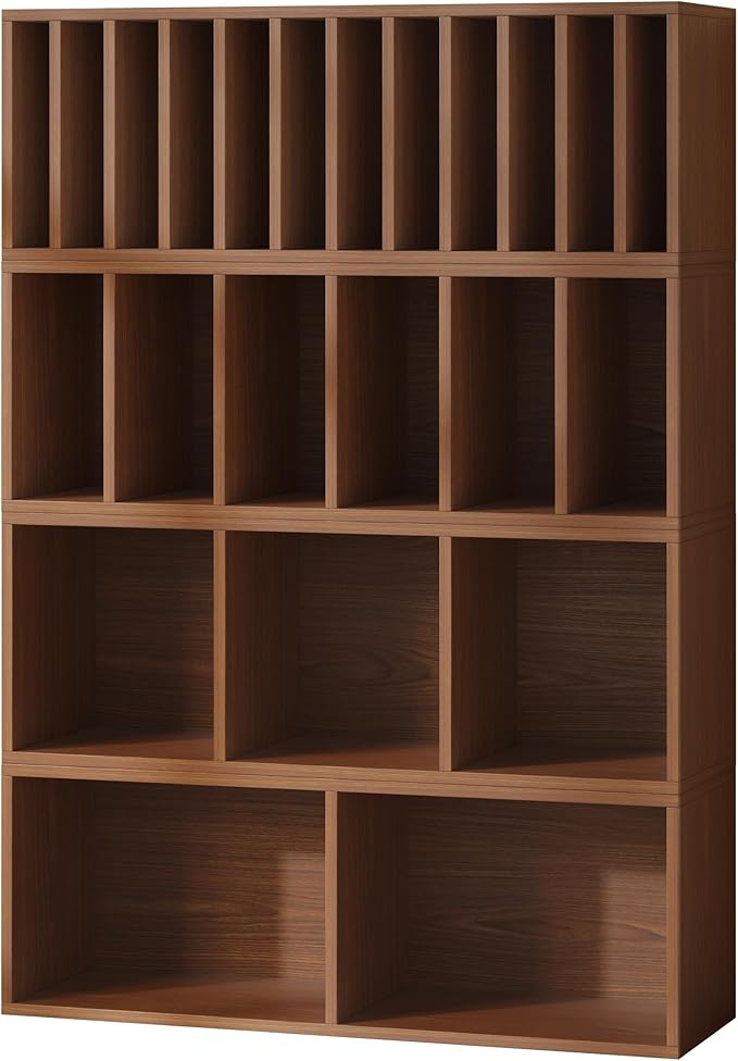 IOTXY DIY Modular Cube Bookcase - CubeXY Customizable Stackable Expandable Combination Set, 23-Cube Open Bookshelf for Books, Fabric Storage Bin, and Vinyl Record Organizer, Walnut