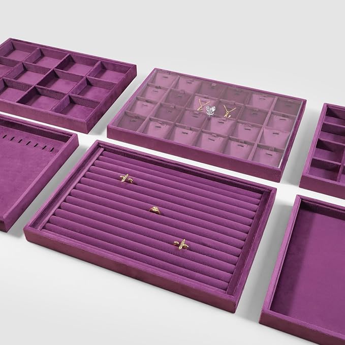 Velvet Ring Display Tray, Stackable Muilt Slot Rings Ear Stud Storage Tray, Drawer Insert Jewelry Accessories Organizers Plate (Purple)