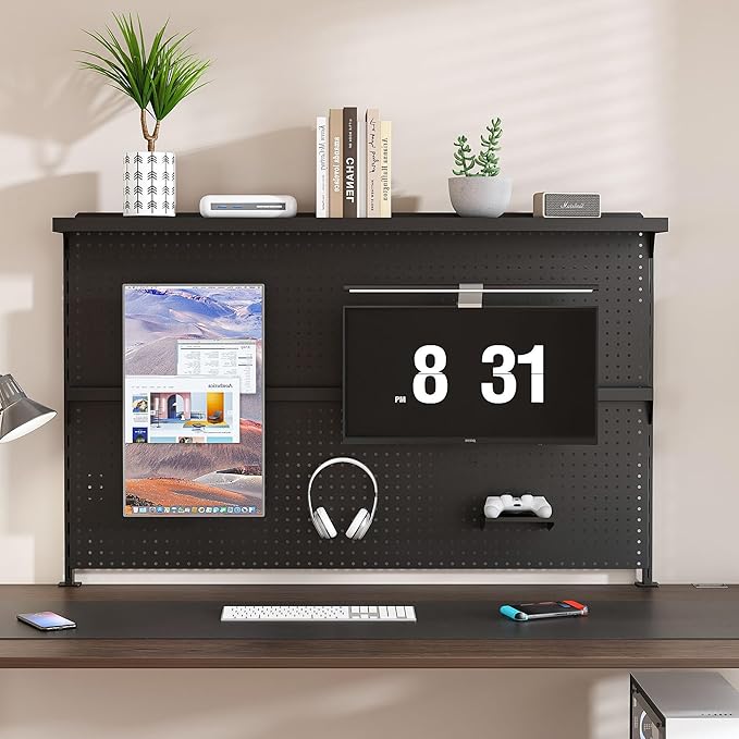 KEIKI Metal Pegboard Desk Organizer with Dual Monitor Stand, 59" x 35" Large Desk Peg Board with Hooks & Movable Panel, Office Organization and Storage Shelf for Gaming or Workstation Setup, Black