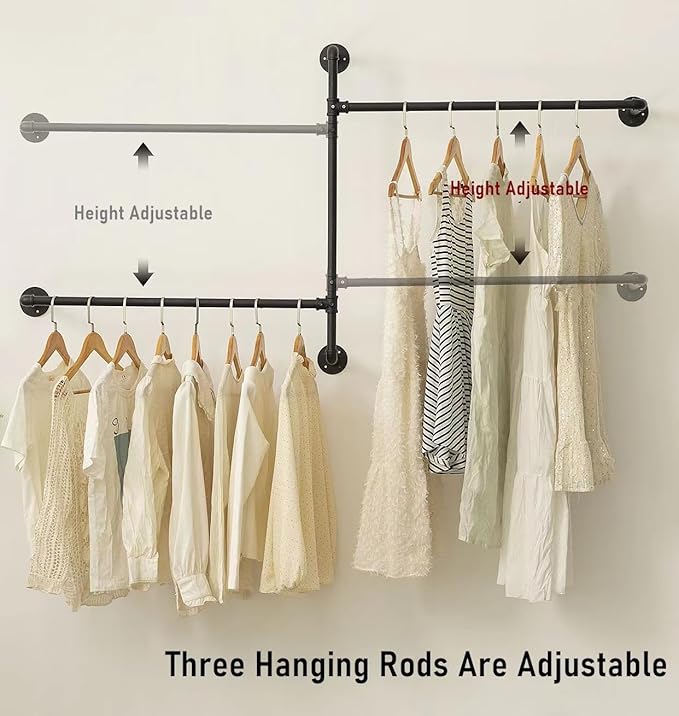 Industrial Pipe Clothing Rack Wall Garment Rack with Pipe Clothes Rails, Multi-Purpose Heavy Duty Clothing Hanging Rods Space-Saving Clothes Bar Organizer Closet (wall clothing rack-2 hanging rods)