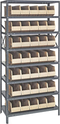 Quantum 1875-461IV Heavy Duty Shelving Unit with (8) Shelves and (35) SSB461 Ivory Bins for Industrial Warehouse Storage Distribution | 400 lbs Capacity | 18"D x 36"L x 75"H, Galvanized Carbon Steel