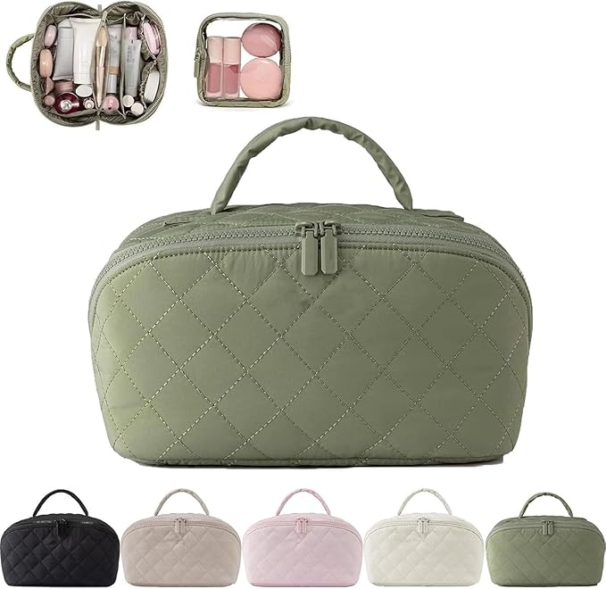 2026 New Travel Makeup Bag,Festivalment Wide Open Lay-Flat Water-Resistant Cosmetic Case,Puffy Padded Organizer for Toiletries & Brushes Large Capacity with Compartments