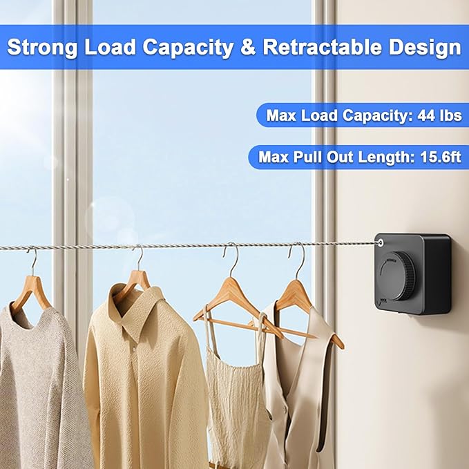 Retractable Clothesline Indoor & Outdoor, 15.6 Ft Non-Sagging Stainless Steel Laundry Line with Wall Mounted Heavy Duty Design, Space-Saving Drying Rack for Bathroom, Balcony(Square Black)