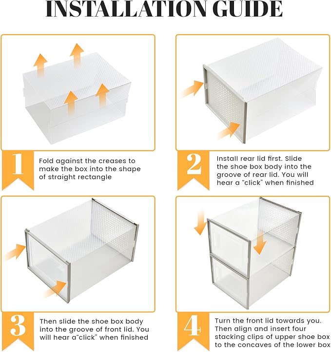 Shoe Boxes, Stack Without Toppling Modular storage boxes combine freely for use in closets, under beds, hallways, and entryways. Space-saving. (Transparent, 12 Pack)