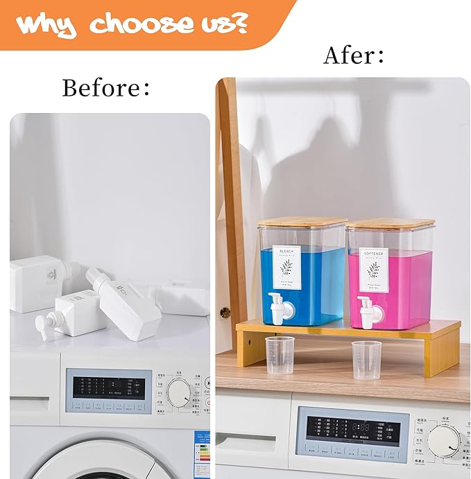 Liquid Laundry Detergent Dispenser Set with Shelf and Bamboo Lids for Laundry Room Organization and Storage - 2 Pack 96 oz Laundry Containers for Laundry Soap, Fabric Softener