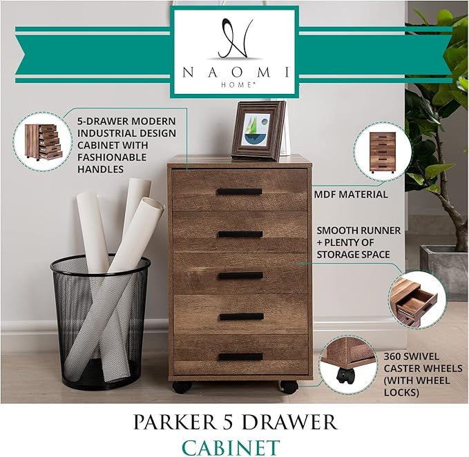 5-Drawer Rolling Under Desk Storage Cart - Mobile Organizer with Lockable Casters, White Engineered Wood Scratch-Resistant for Home Office Dorm Studio, 15.7 x 15.7 x 26 Inches