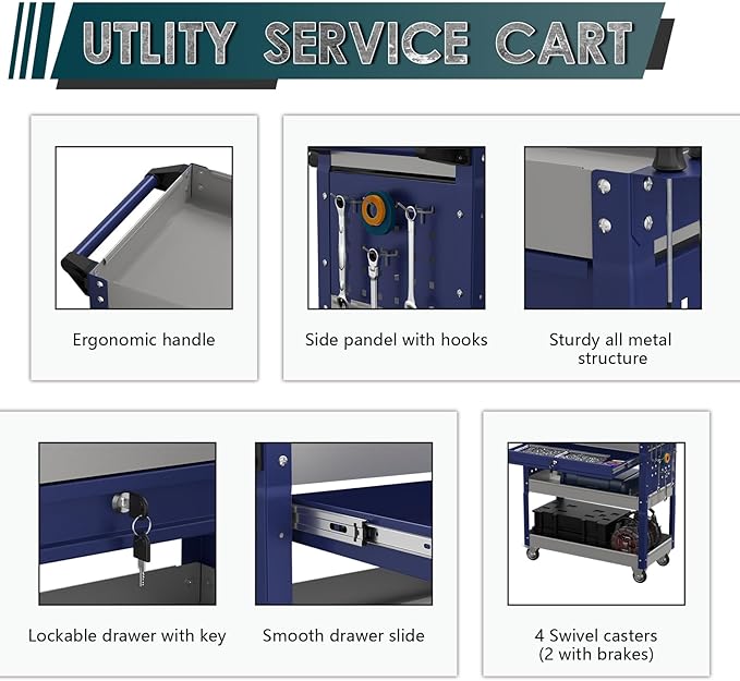 3 Tier Rolling Tool Cart on Wheels with Locking Drawer - Metal Service Cart Industrial Utility Cart for Mechanic - 350 LBS Mobile Storage Organizer for Garage. (Gray-Blue)