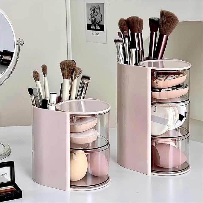 Hair Accessories Organizer with Hair Brush Holder, Rotatable Makeup Brush Holder for Necklaces, Earring, Bracelet, Ring, Makeup Brushes, Hair Clip and Hair Accessories (Pink, 2-Layer)