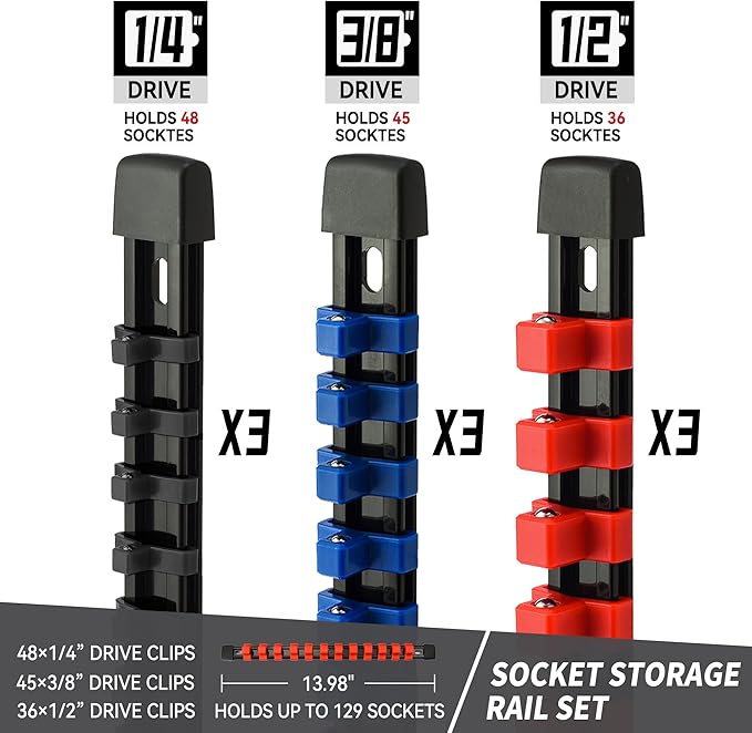 Socket Organizer Drive ABS Tools-Socket Holder, Premium Quality 9 Pieces Holders Kit 1/4-Inch x 48 Clips, 3/8-Inch x 45 Clips, 1/2-Inch x 36 Clips