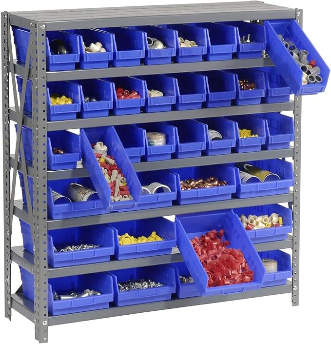 Global Industrial 7 Shelf Steel Shelving with (36) 4" H Plastic Shelf Bins, Gray Frame & Blue Bins, 36" W x 12" D x 39" H, Industrial or Commercial Storage, Assembly Required