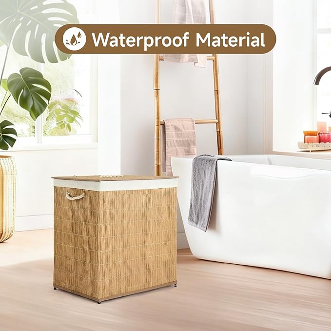 Laundry Hamper with Lid, 39.6 Gallon(150L) Large Laundry Basket 2 Removable Liner Bags, Synthetic Rattan Clothes Hamper with Side Pocket, laundry organization for bathroom, laundry room, Natural