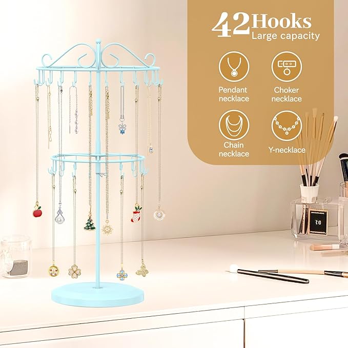 MODOWEY Rotating Necklace Holder Organizer Display Stand with 42 Hooks, 2 Tier Adjustable Metal Tree for Long Necklace Hanger Selling, Tall Spinning Bracelet Storage Rack for Men Women, Blue