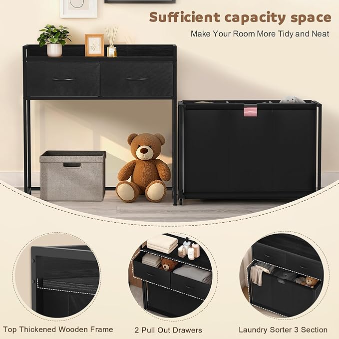 Laundry Hamper with 3 Section Rolling Bags, Laundry Sorter with Wheels, Laundry Basket with 2 Drawer for Laundry Room (Charcoal Black)