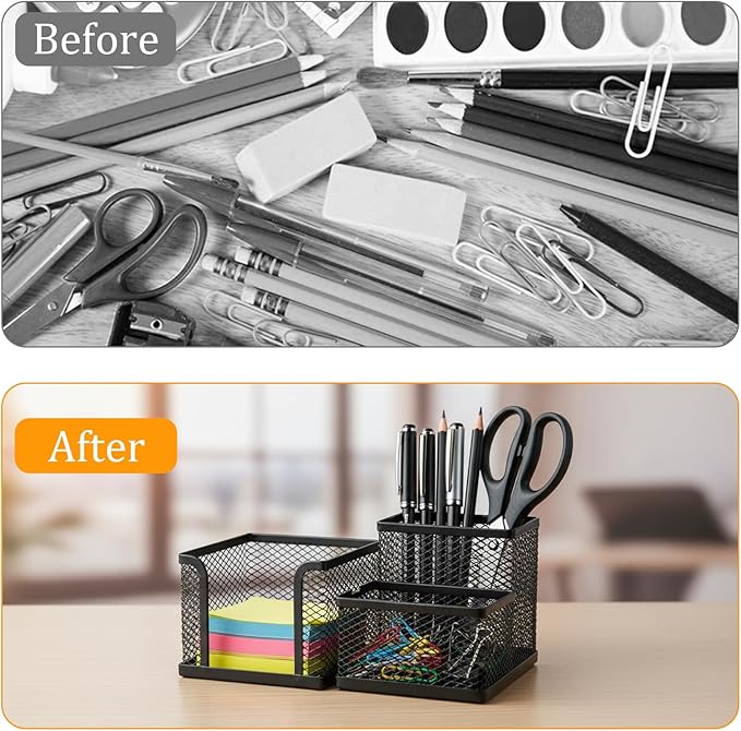 Pencil Holder for Desk, Dual-Compartment Mesh Desk Organizer Set, 2-Piece Set Black Pen Storage Holder & Post It Organizer for Home Office Desk Supplies