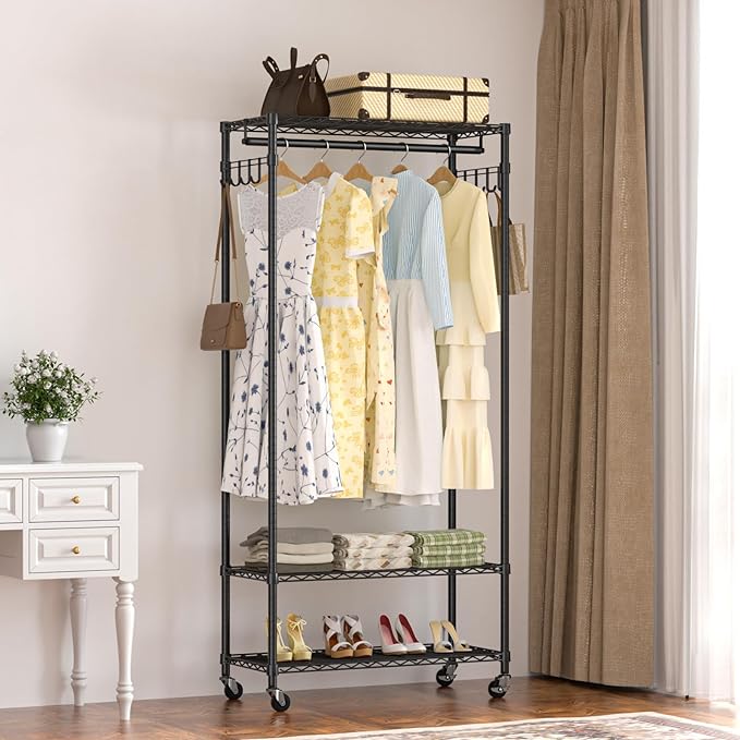 Garment Rack Heavy Duty 3 Tiers Adjustable Freestanding Metal Rolling Clothing Rack with Double Rods and Side Hooks for Hanging Clothes, Black