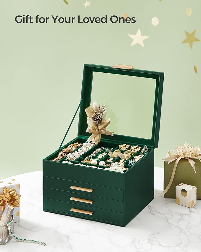 SONGMICS Jewelry Box Organizer with Glass Lid, 4-Layer Jewelry Storage, with 3 Drawers, Modern Style, Christmas Gift, 8 x 9.1 x 6.5 Inches, Forest Green and Gold Color UJBC173C01