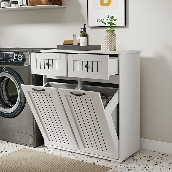 Laundry Hamper Cabinet with 2 Baskets & 2 Drawers, 31.5" Bathroom Clothes Sorter Storage Cabinet for Bathroom Laundry Room, Tilt-Out Hamper Organizer with Divided Sections
