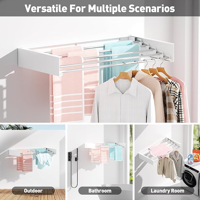 Wall Mounted Clothes Drying Rack, Extending Laundry Rack, Wall Mount Laundry Drying Rack Folding Indoor, 60lbs Capacity (5 Drying Rods, White 31.5")